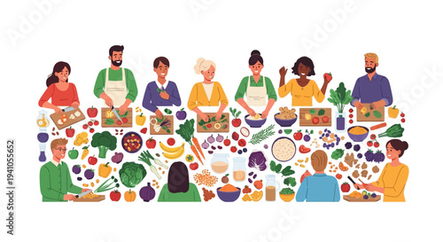 Illustration of diverse people preparing and enjoying nutritious food with fruits and vegetables for a healthy eating awareness campaign on National Nutrition Month.