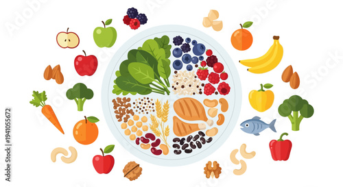 Vector illustration of a plate filled with various fruits, vegetables, and nutritious foods, surrounded by additional healthy ingredients, promoting healthy eating awareness and nutrition