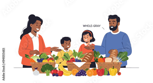A diverse family of four enjoys a colorful spread of fruits and vegetables for a healthy eating awareness campaign on National Nutrition Month.