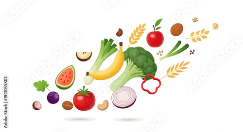 Vector illustration of various fruits and vegetables with grains for healthy eating awareness and nutrition campaign on National Nutrition Month.