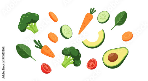 Vector illustration of various fruits and vegetables arranged in a circular pattern on a white background for healthy eating awareness and nutrition campaigns.