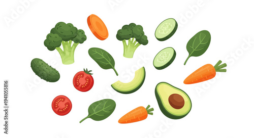 Vector illustration of various fruits and vegetables for healthy eating awareness and nutrition campaigns on a white background.