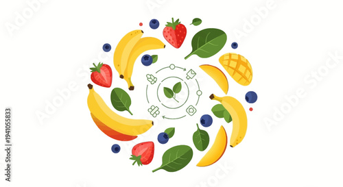 Vector illustration of a colorful fruit and vegetable design for healthy eating awareness and nutrition campaign with a character family icon.