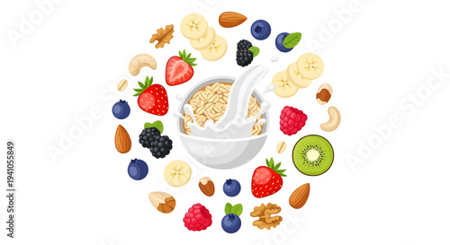 A colorful illustration of a bowl of oatmeal surrounded by fruits, nuts, and berries, promoting healthy eating awareness and nutrition for a balanced diet campaign on National Nutrition