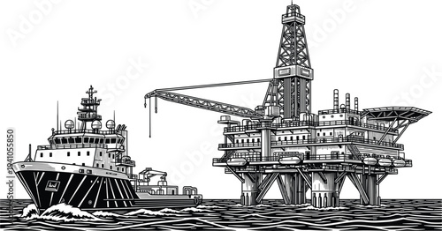Offshore oil platform and supply vessel at sea industrial drilling rig maritime energy production detailed vector illustration