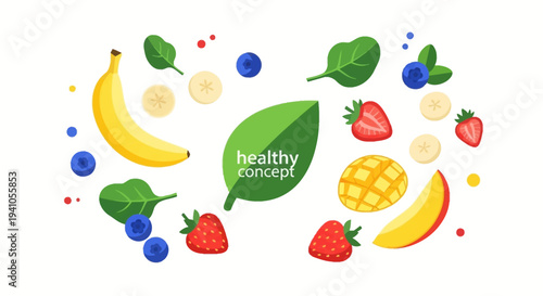 Colorful illustration of various fruits and vegetables arranged around a green leaf with 'healthy concept' text on a white background for healthy eating awareness and nutrition campaigns.