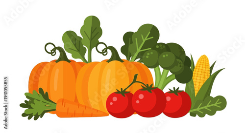 Vector illustration of a colorful arrangement of fresh vegetables and fruits, including a pumpkin, tomatoes, corn, and leafy greens, for healthy eating awareness and nutrition campaigns.