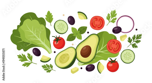 Vector illustration of a colorful arrangement of fruits and vegetables, including avocado, tomatoes, and leafy greens, symbolizing healthy eating awareness and nutrition for a balanced diet