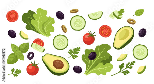 Vector illustration of various fruits and vegetables, including avocados, tomatoes, and leafy greens, scattered on a white background for healthy eating awareness and nutrition campaigns.