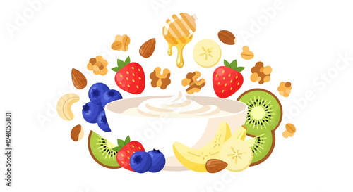 Vector illustration of a colorful fruit and nut wreath surrounding a bowl of yogurt for healthy eating awareness and nutrition campaigns.