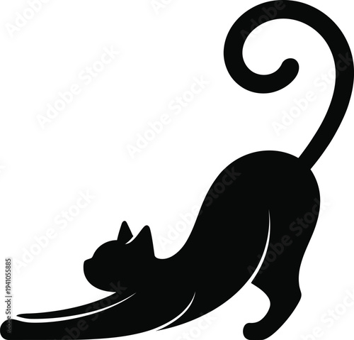 Black silhouette of a cat in a downward dog yoga pose stretching with curled tail
