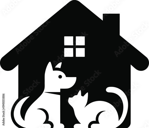 Black silhouette of dog and cat with house  animal shelter concept icon