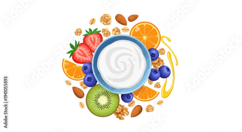 Vector illustration of a colorful fruit and nut arrangement with a bowl of yogurt for a healthy eating awareness campaign on National Nutrition Month.