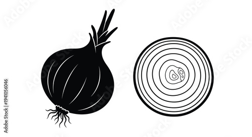 Black and white illustration of a whole onion and its cross section