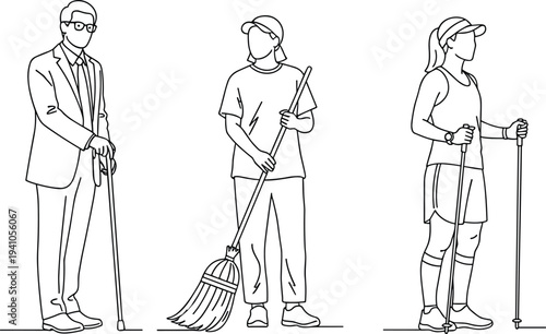 People with walking sticks set elderly man cleaner worker and woman hiking with trekking poles vector illustration