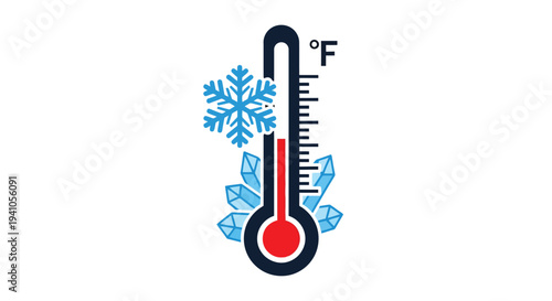 Thermometer displaying freezing temperatures with snowflake and ice crystal imagery