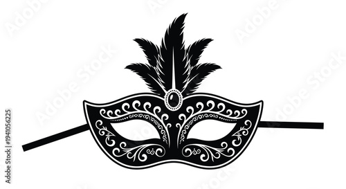 Elegant black masquerade mask with feather detail isolated on white