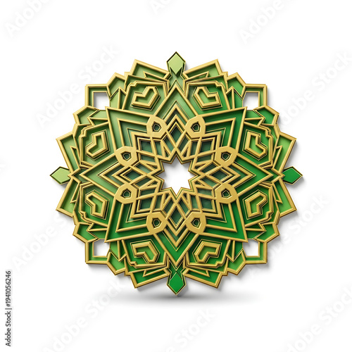 Ornate 3D Green and Gold Islamic Mandala on White Background