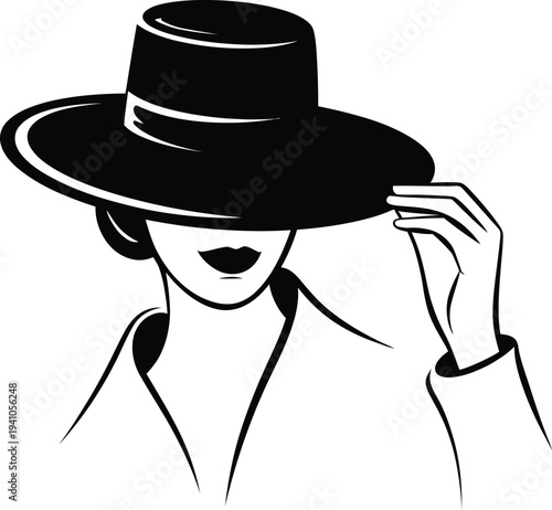 Woman wearing a hat and adjusting its brim with one hand  fashion illustration