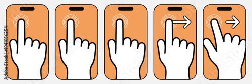 Smartphone Touch Screen Finger Gestures Icons, tap swipe scroll drag pinch to zoom, cartoon hand drawn vector illustration set, mobile interaction and user interface design symbols.