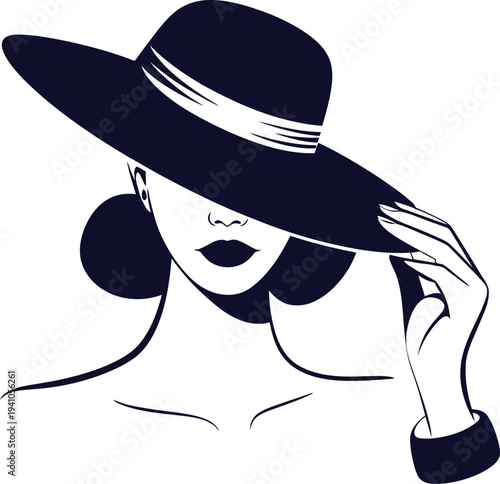 Woman wearing a hat and touching the brim with her hand covering face  fashion illustration