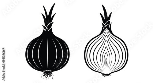 Two black and white illustrations of onions differing in shading