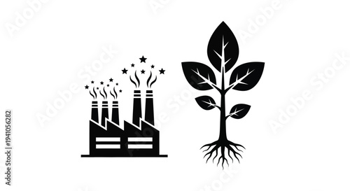 Industrial pollution contrasted with a flourishing plant symbolizing environmental impact