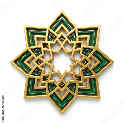 3D Islamic Star Ornament with Gold and Green Layers