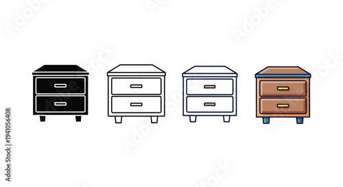 Four variations of a bedside table black outline blue and wood
