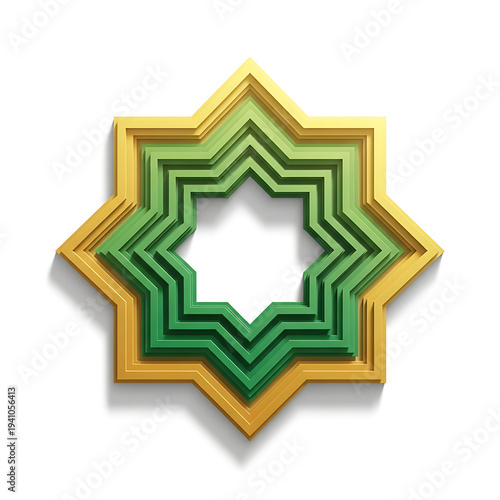 3D Layered Islamic Star Pattern in Gold and Green