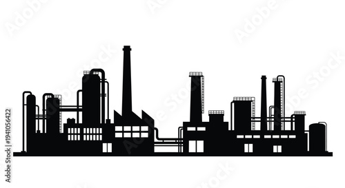 A stark black silhouette depicting an industrial complex with numerous smokestacks