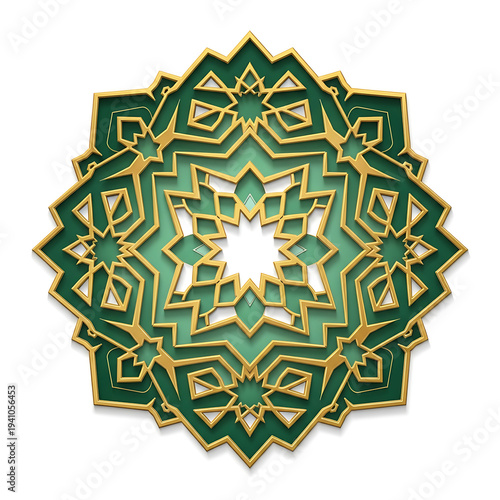 3D Islamic Geometric Green and Gold Mandala Ornament Isolated