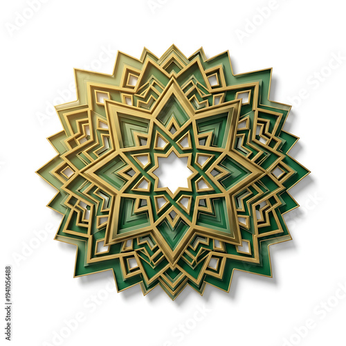 3D Layered Gold and Green Islamic Geometric Star Mandala