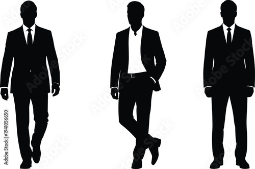 Businessman silhouettes collection standing confident poses in formal suit corporate male characters isolated vector illustration set