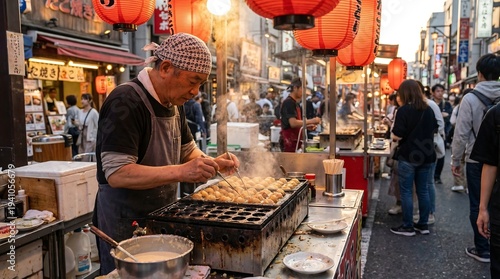 A street vendor prepares delicious food at a bustling night market with traditional lanterns