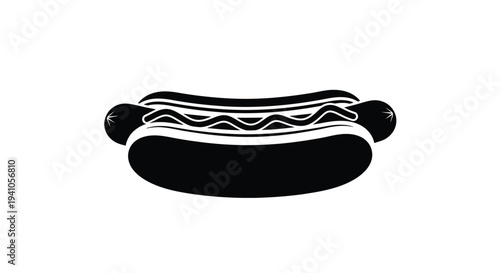 Simple black and white illustration of a classic hot dog with toppings