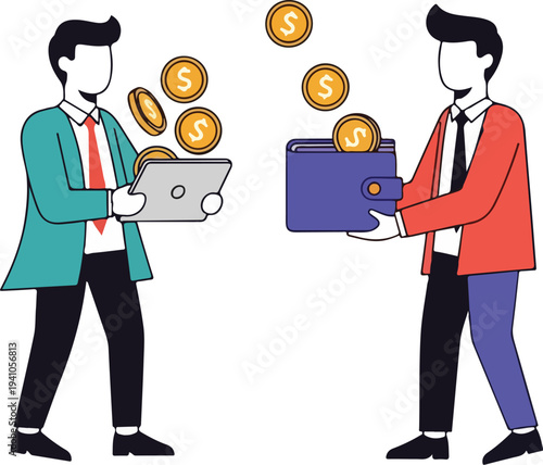 Two businessmen in a clean, modern, flat design style, exchanging coins digitally from a tablet to a wallet, symbolizing financial transactions and money transfer.