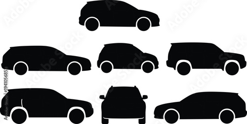 Car silhouettes collection with sedan hatchback SUV vehicles front and side views isolated black vector illustration set