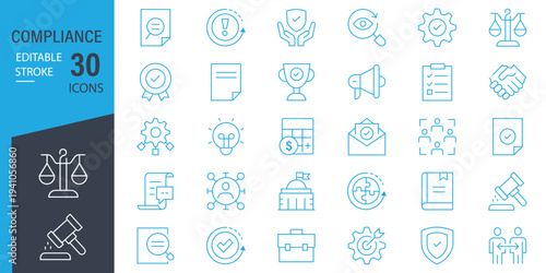 Compliance web icons in line style. Regulations, policy, legal document, quality control, responsibility, law. Editable stroke. Vector illustration