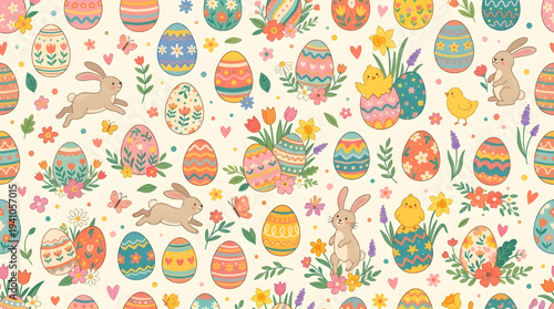 Delightful Seamless Easter Pattern with Decorated Eggs, Cute Bunnies, Chicks, and Spring Flowers for Festive Holiday Backgrounds