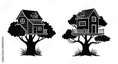 Two black and white illustrations of treehouses nestled within lush trees