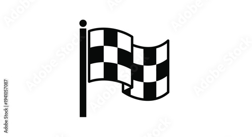 A simple black and white illustration of a checkered racing flag waving