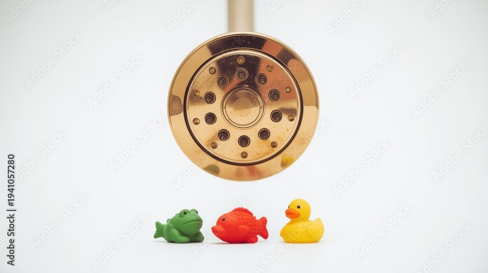 Fototapeta premium Brass shower head with rubber ducks, bathroom toys