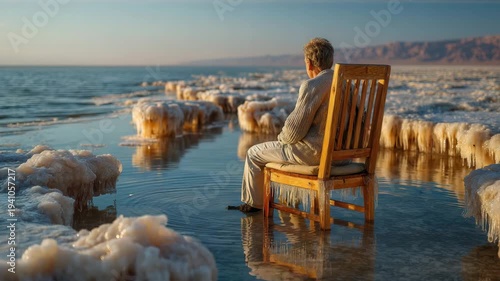 Serene woman sitting alone on chair in shallow water with salt formations