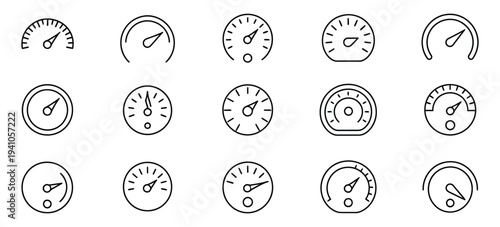 Speedometer Icon Set, speed indicator gauge dashboard tachometer scale, speedometer with arrow, editable stroke line vector illustration for vehicle, app, and dashboard design.