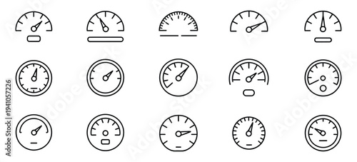 Speedometer Icon Set, speed indicator gauge dashboard tachometer scale, speedometer with arrow, editable stroke line vector illustration for vehicle, app, and dashboard design.