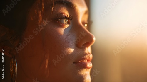 Close up profile of a young woman bathed in warm golden hour sunlight.