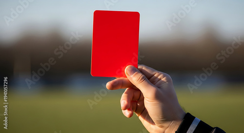 hand of a sports referee holding up a red card indicating a foul or expulsion from the game