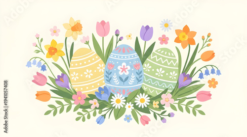 Vibrant Easter Eggs Nestled Among Blooming Spring Flowers, Celebrating the Joy of Renewal and Holiday Festivities