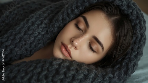 Serene young woman with closed eyes peacefully sleeping wrapped in a thick dark grey knitted blanket indoors